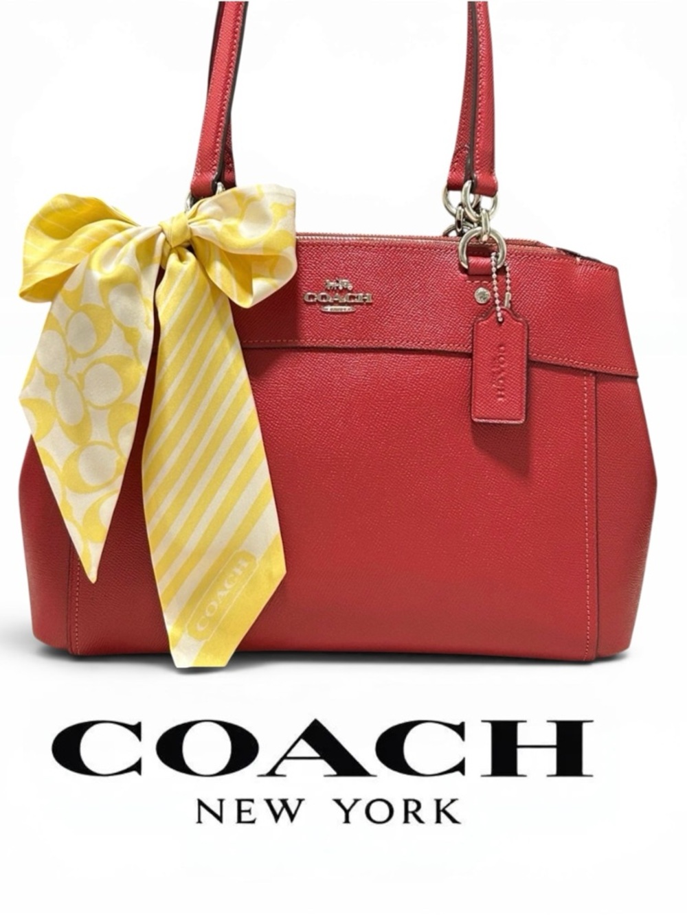 COACH Brooke Crossgrain Leather Carryall Satchel in Dark Red w/Silk Coach Twilly